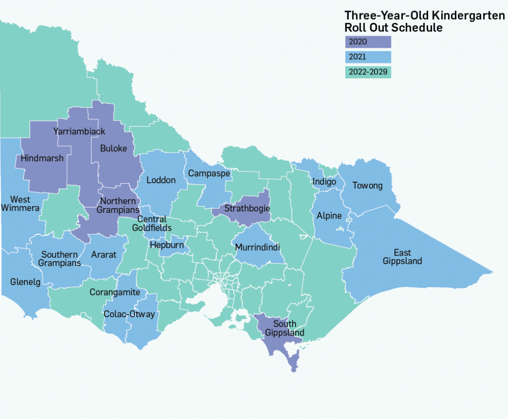Map of three-year-old kindergarten roll out schedule in Victoria